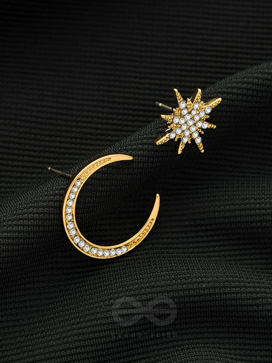 Ethereal Enchantment- Moon And Star Shaped Rhinestones Studded Golden Earrings