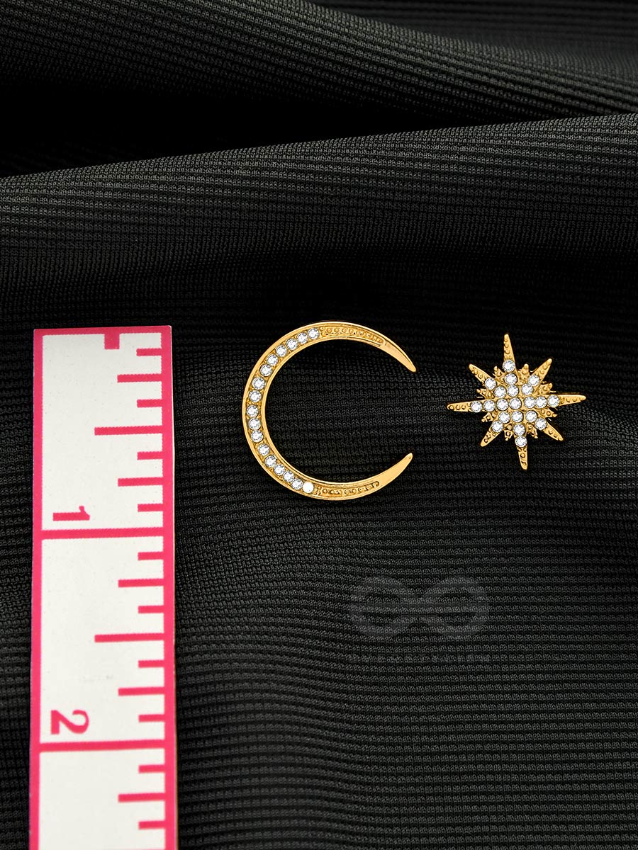 Ethereal Enchantment- Moon And Star Shaped Rhinestones Studded Golden Earrings