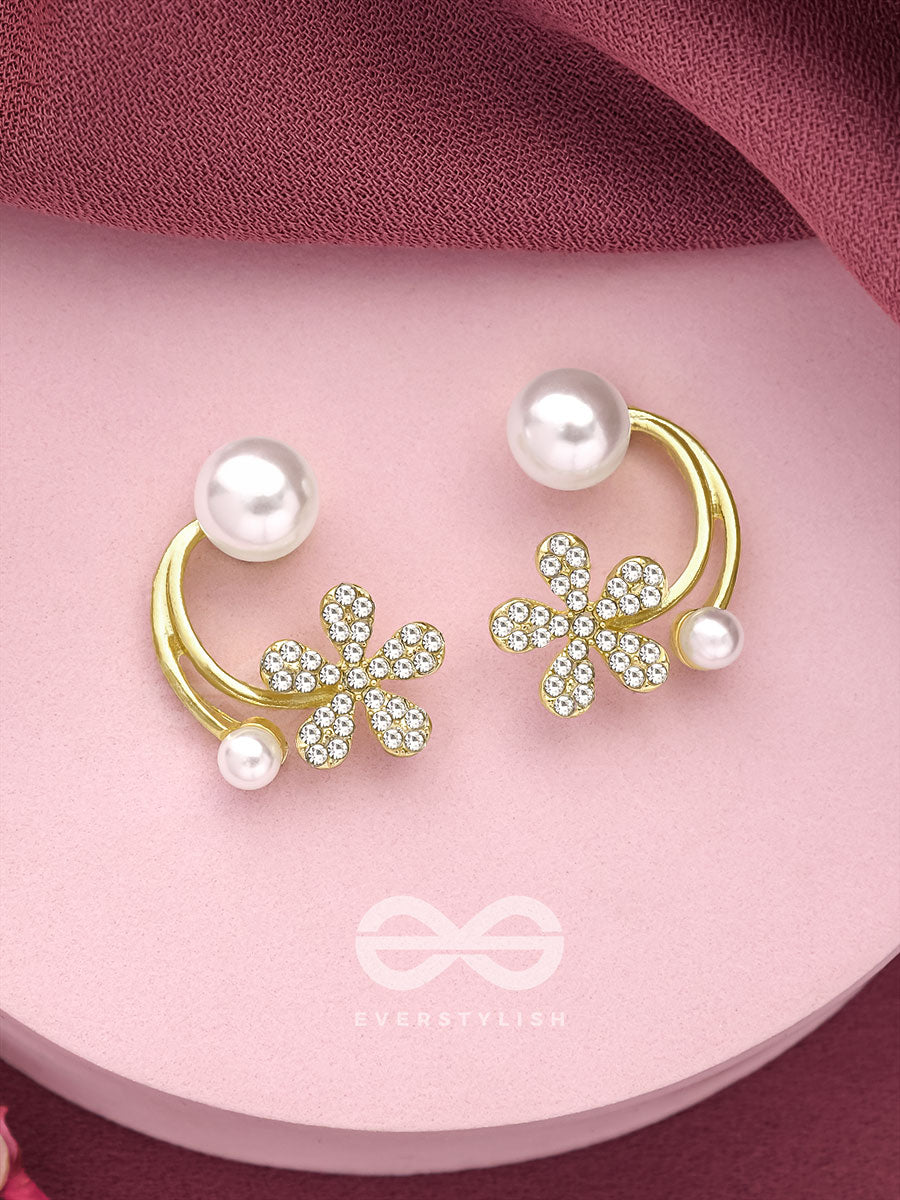 The Frosted Floret- Golden Rhinestones And Pearl Earrings