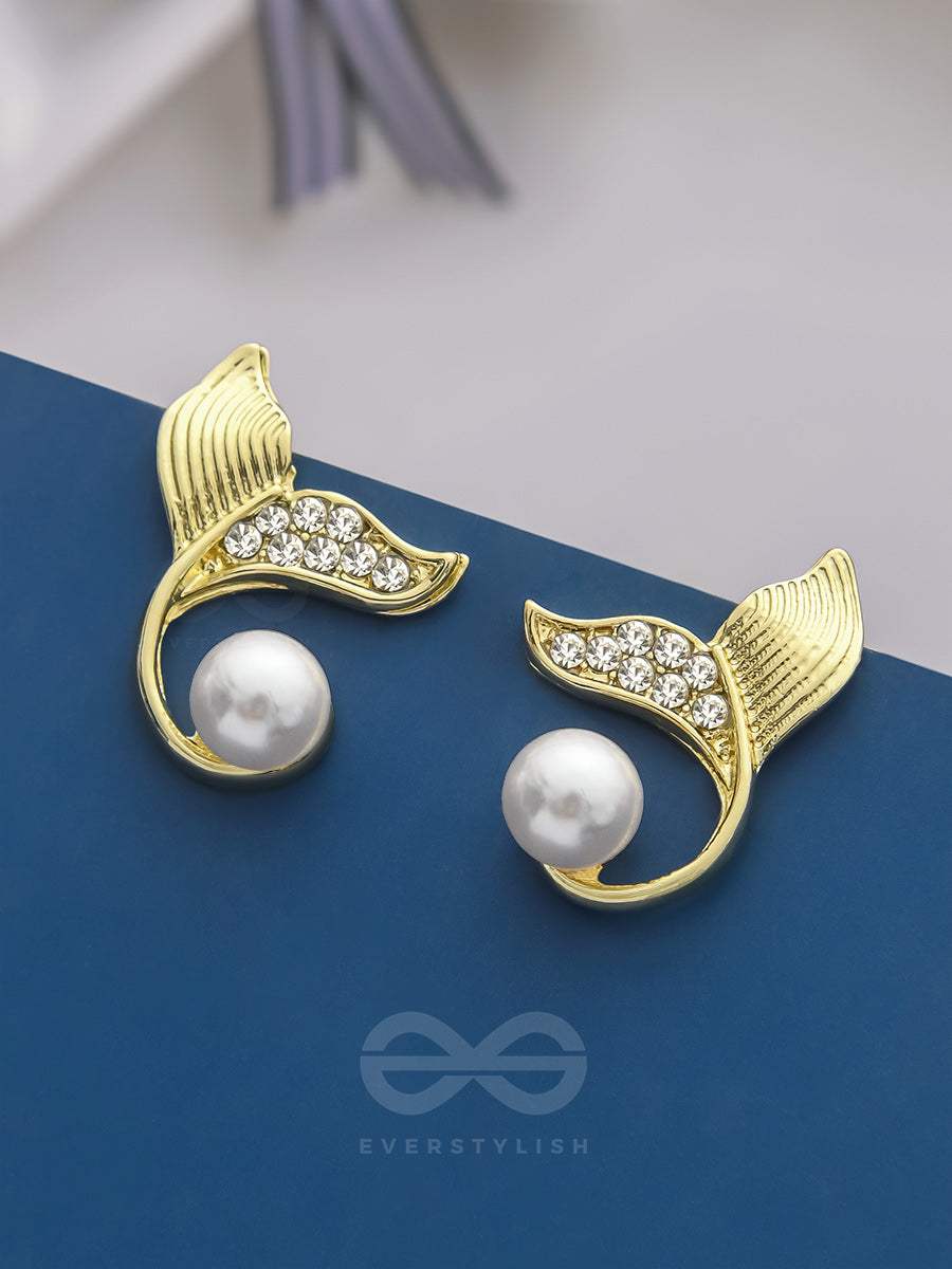 The Pearly Mermaid- Golden Rhinestones And Pearl Earrings