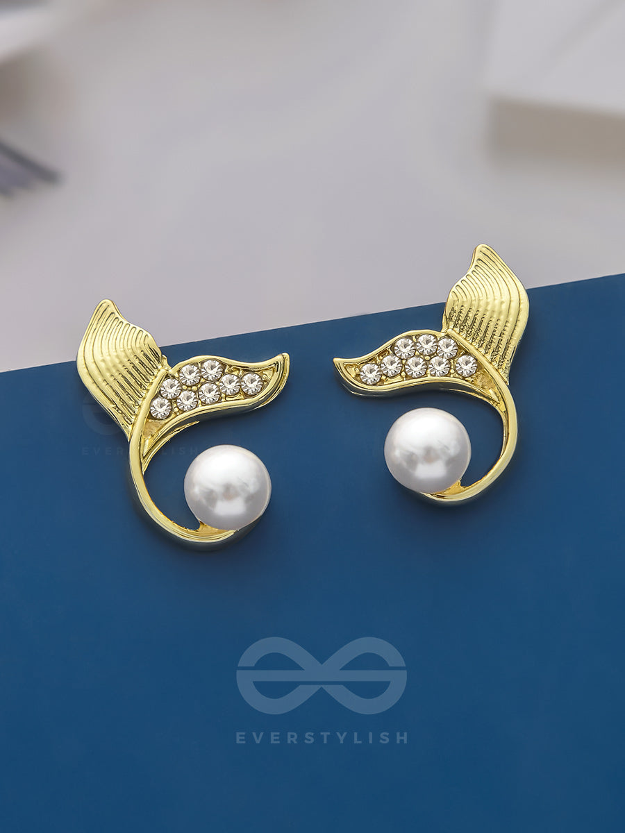 The Pearly Mermaid- Golden Rhinestones And Pearl Earrings