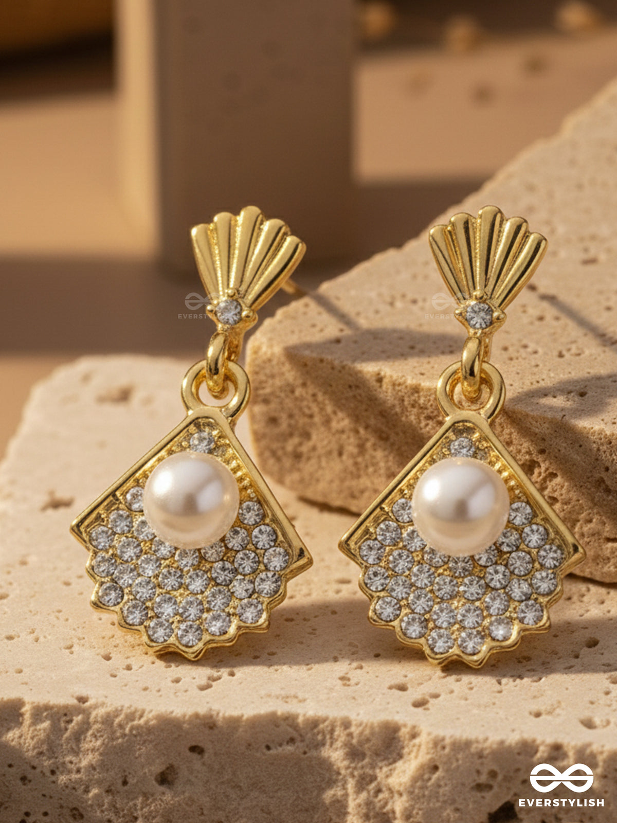 Sand N Pearl- Golden Rhinestones And Pearl Earrings