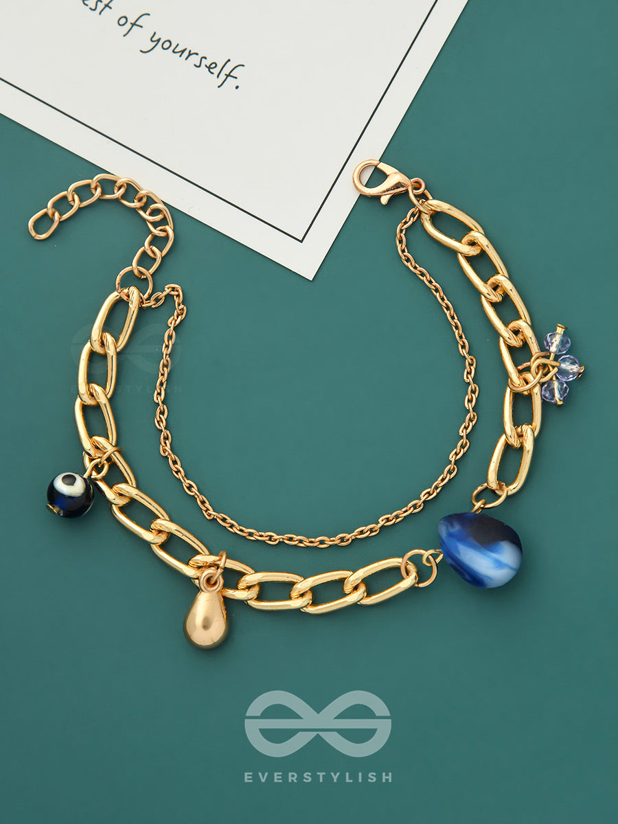 The Indigo Imprint- Evil Eye Stone And Blue Crystals Studded Golden Bracelet