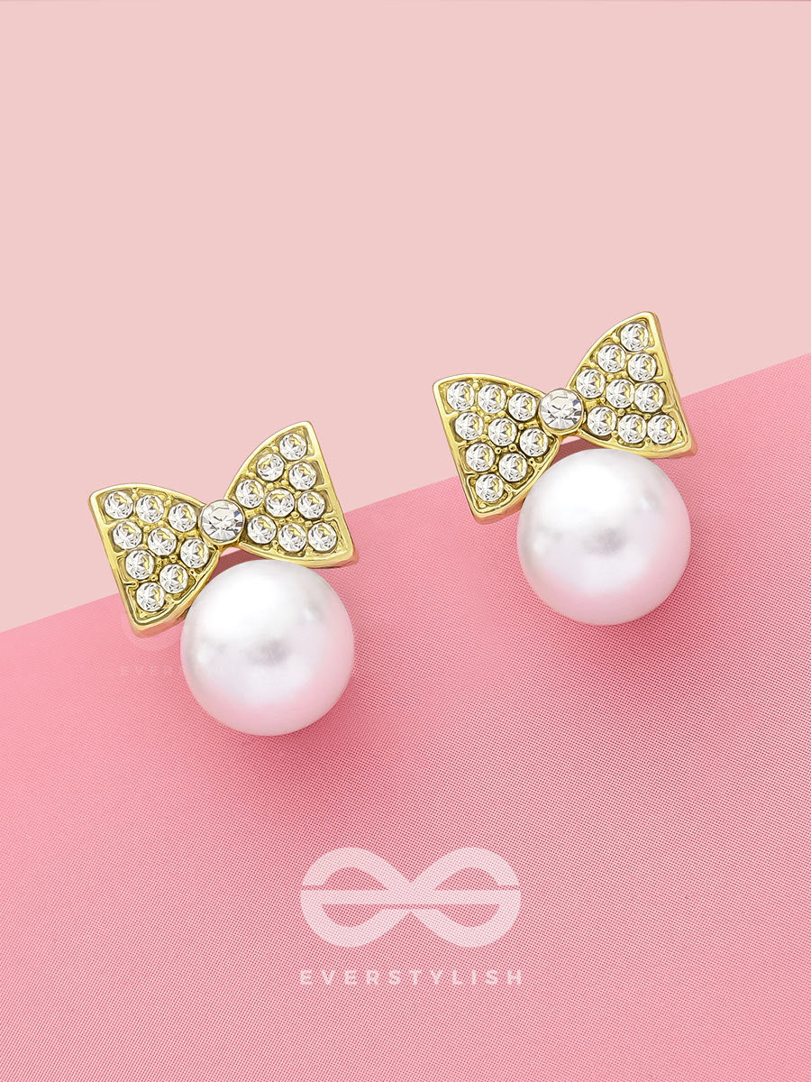 Bow-Toons- Golden Rhinestones And Pearl Earrings