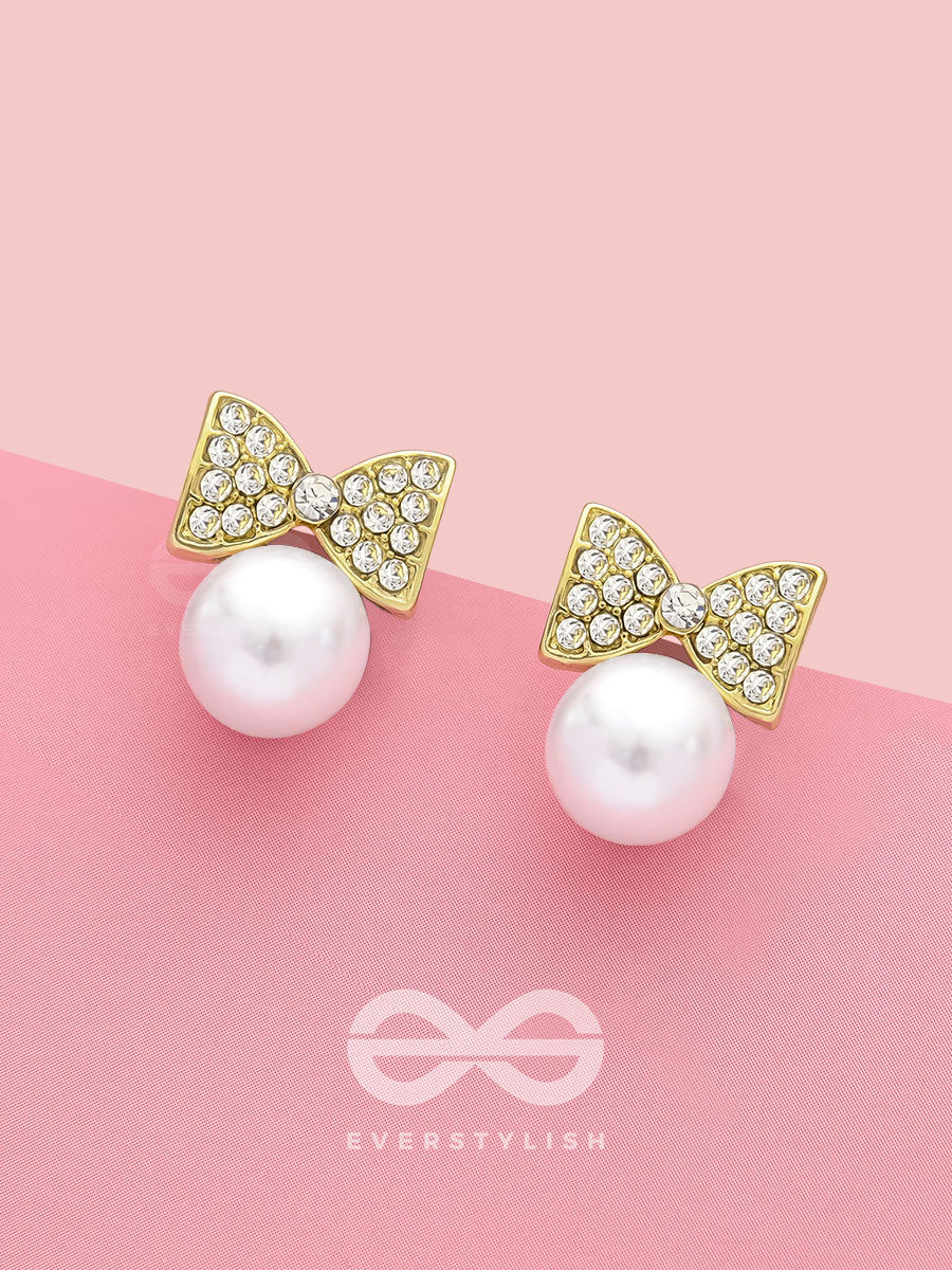 Bow-Toons- Golden Rhinestones And Pearl Earrings