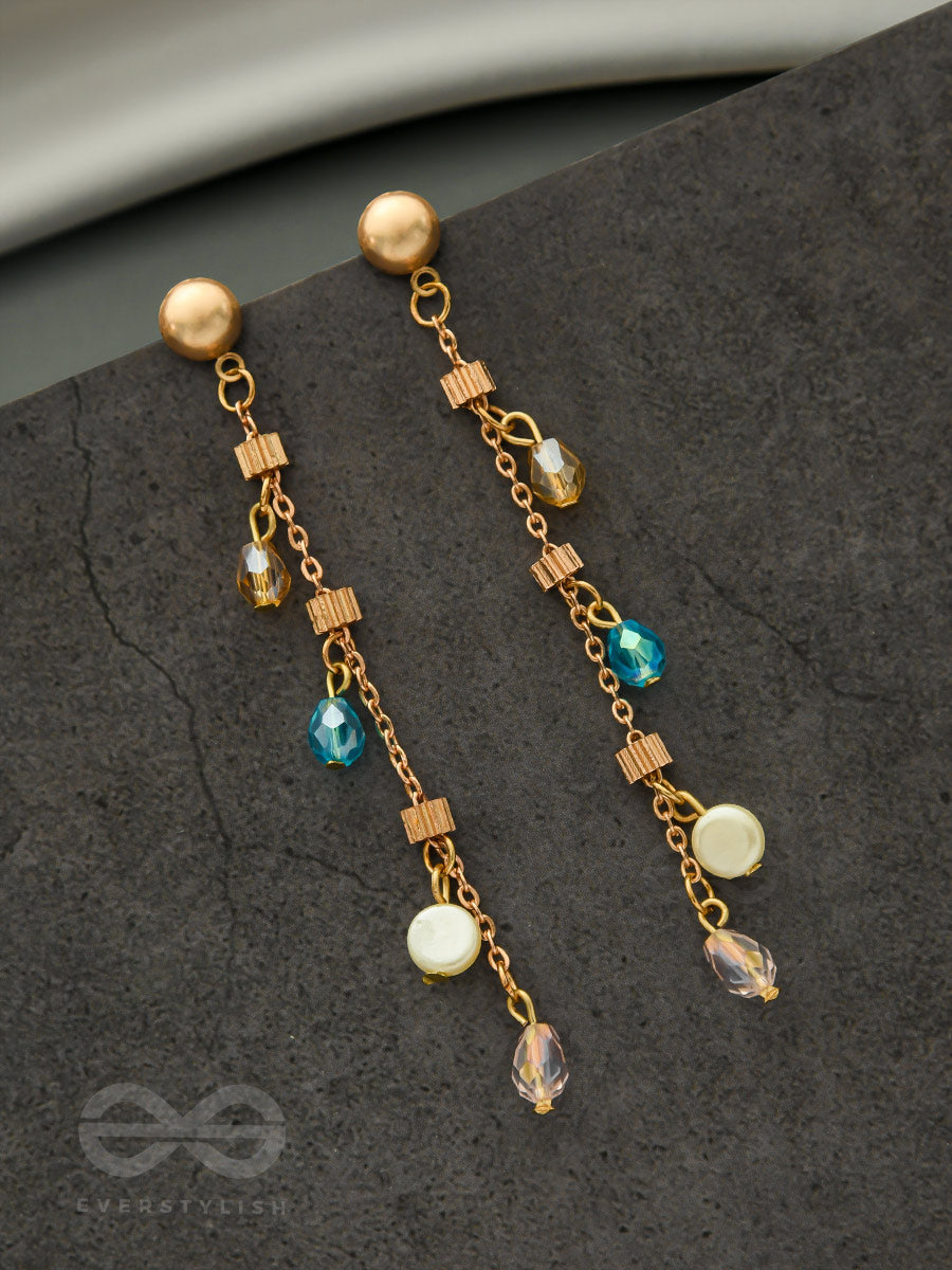 The Ice Crystal Trail- Blue Crystal And Pearl Studded Golden Earrings