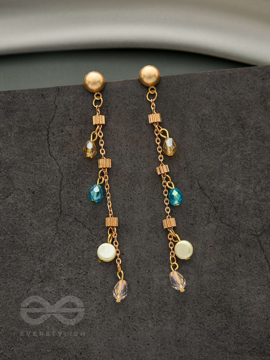 The Ice Crystal Trail- Blue Crystal And Pearl Studded Golden Earrings