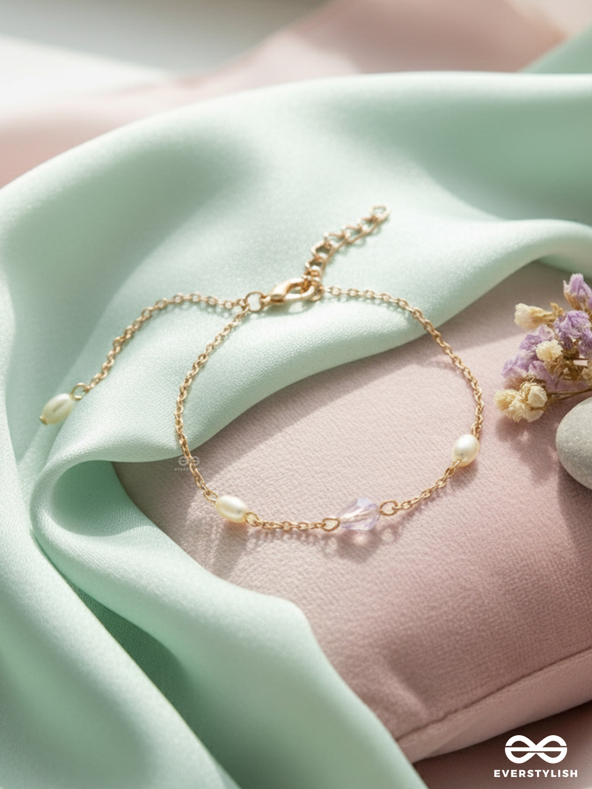 The Sunlit Beach- Pearls And Crystal Studded Golden Bracelet