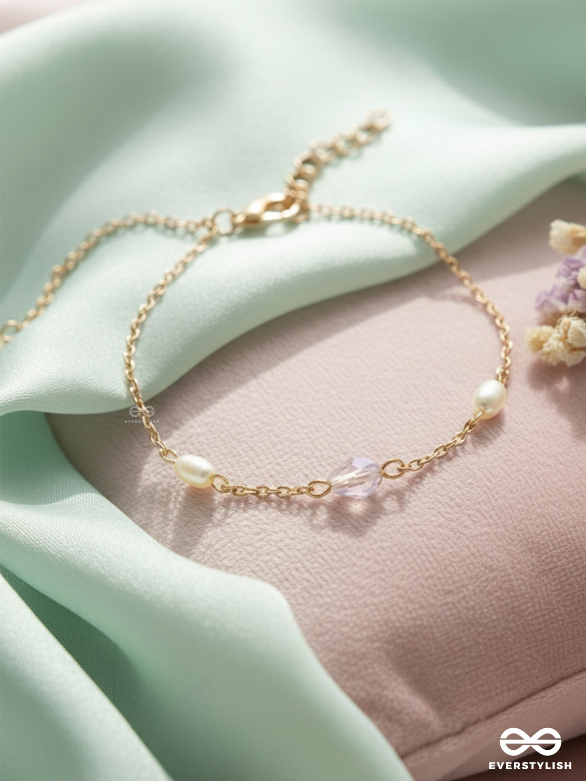 The Sunlit Beach- Pearls And Crystal Studded Golden Bracelet