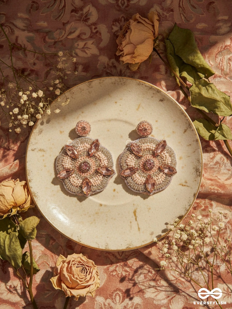 Uttmansh- The Fascinating Flower- Stone And Beads Embroidered Earrings (Pale Pink)