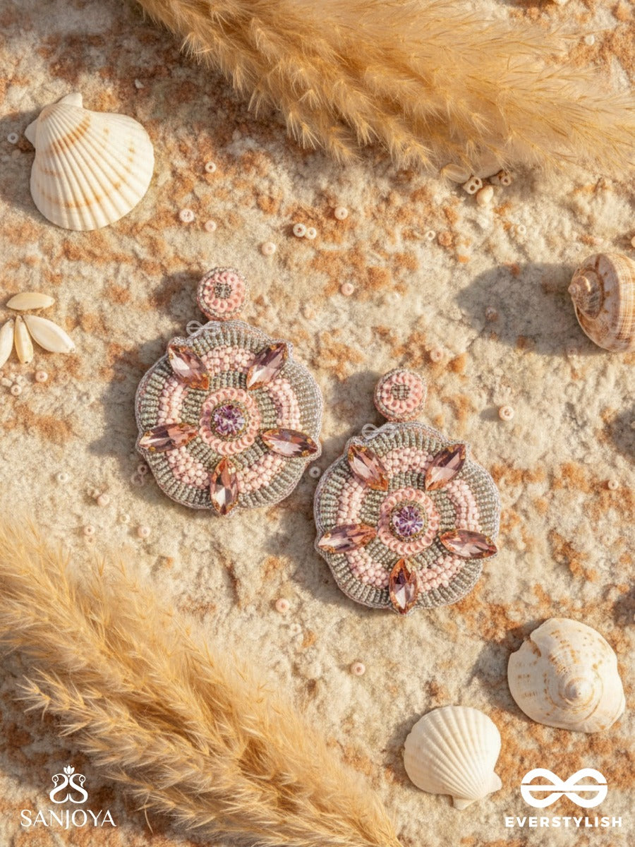 Uttmansh- The Fascinating Flower- Stone And Beads Embroidered Earrings (Pale Pink)