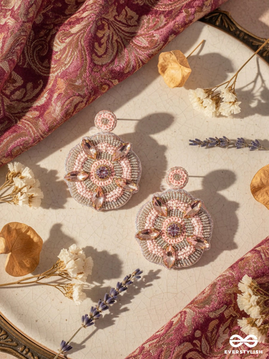 Uttmansh- The Fascinating Flower- Stone And Beads Embroidered Earrings (Pale Pink)