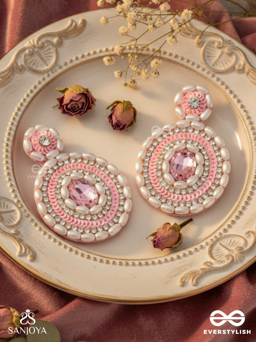 Pratibimb- The Resplendent Reflection- Stone, Pearls And Sequins Embroidered Earrings (Blush Pink)
