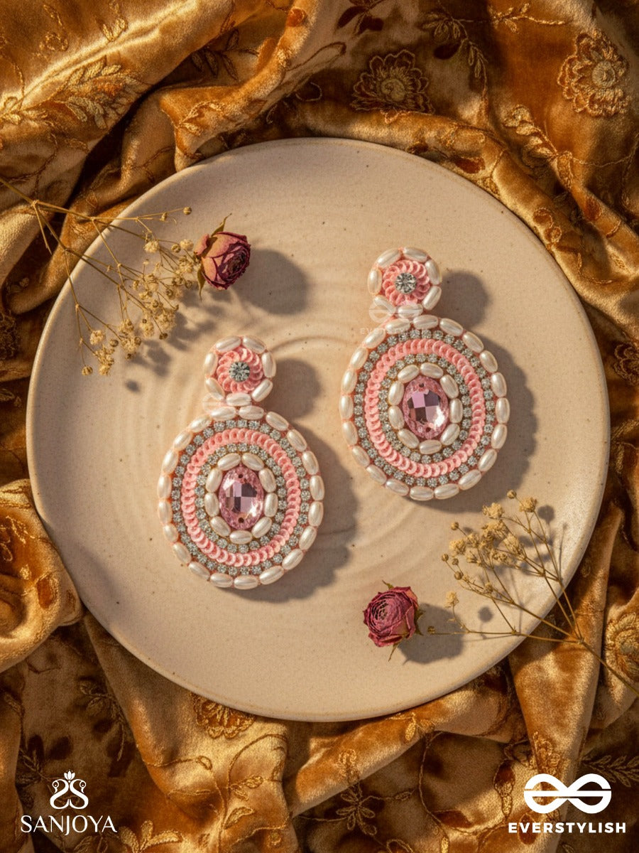 Pratibimb- The Resplendent Reflection- Stone, Pearls And Sequins Embroidered Earrings (Blush Pink)