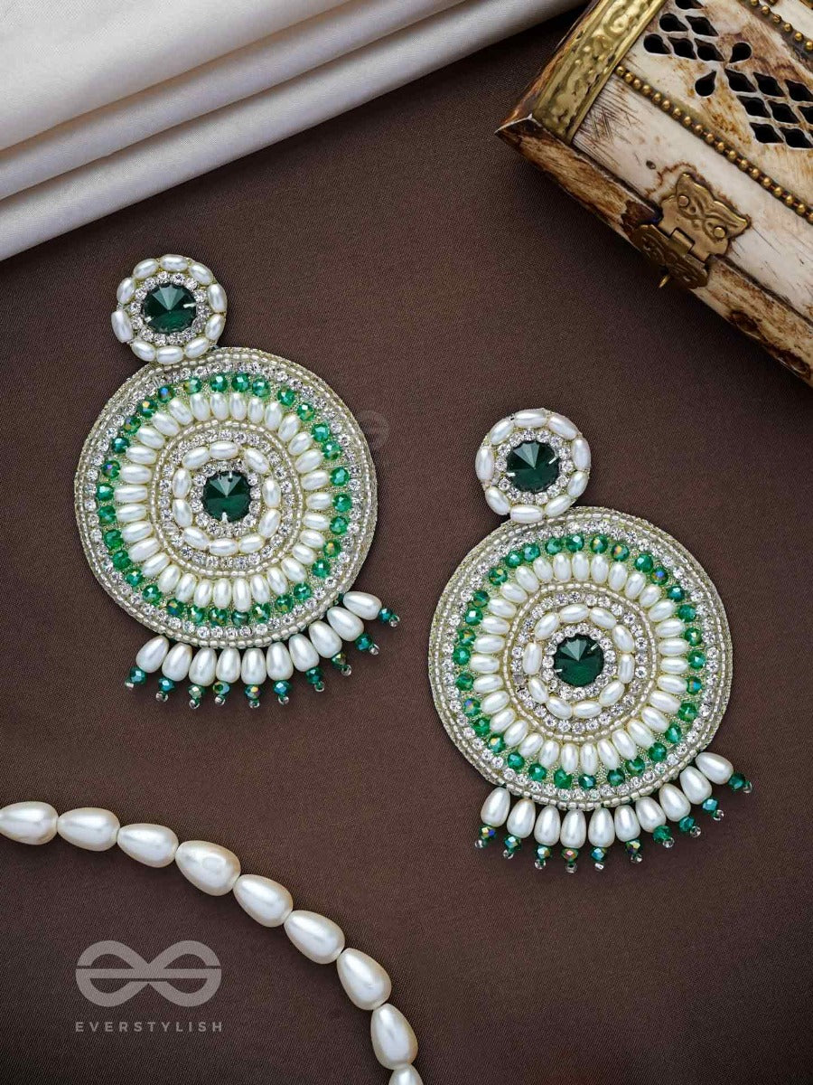 Advaita- The Unique Sphere- Emerald Green Stone, Pearls, And Glass Beads Embroidered Earrings
