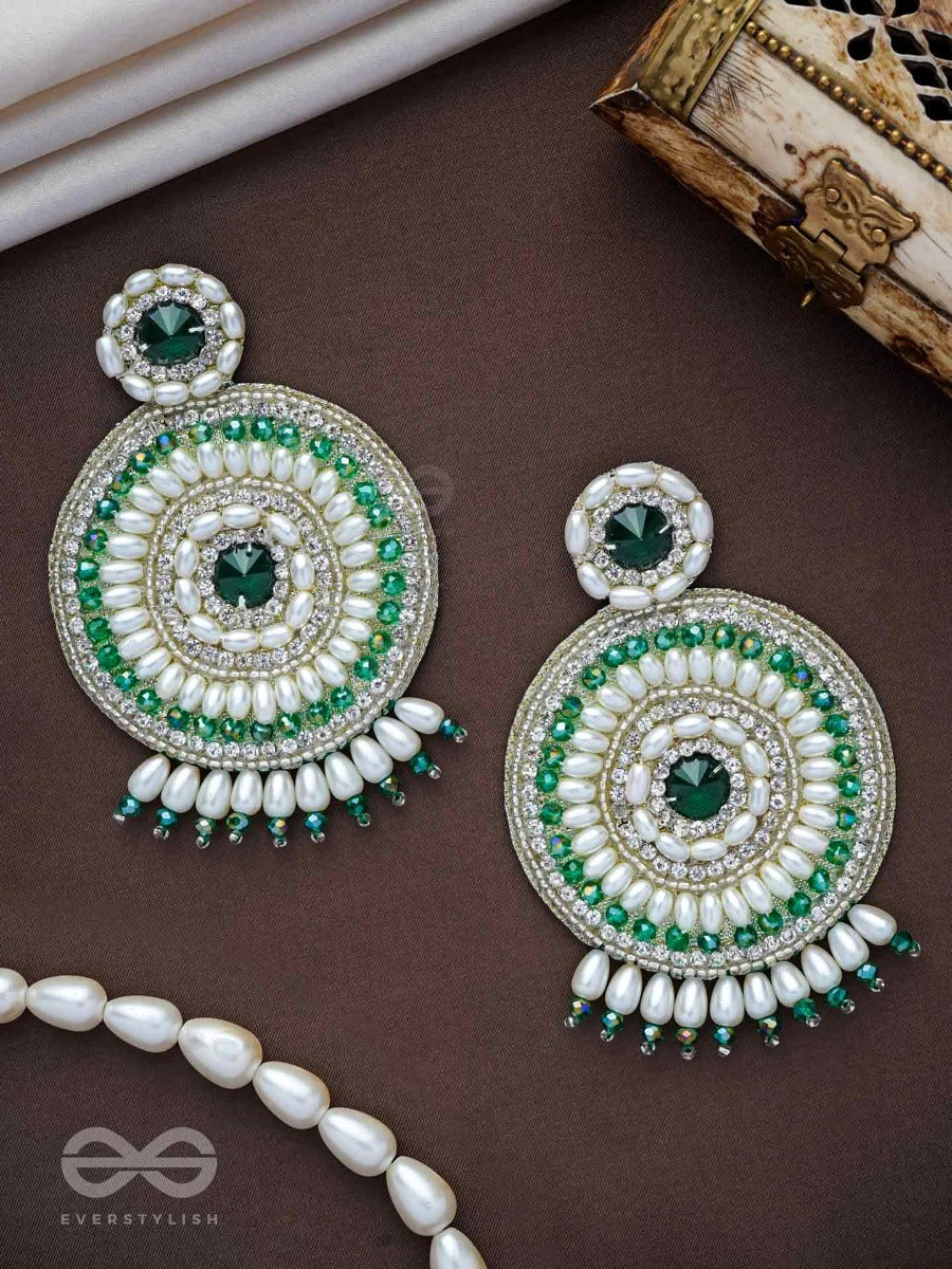 Advaita- The Unique Sphere- Emerald Green Stone, Pearls, And Glass Beads Embroidered Earrings