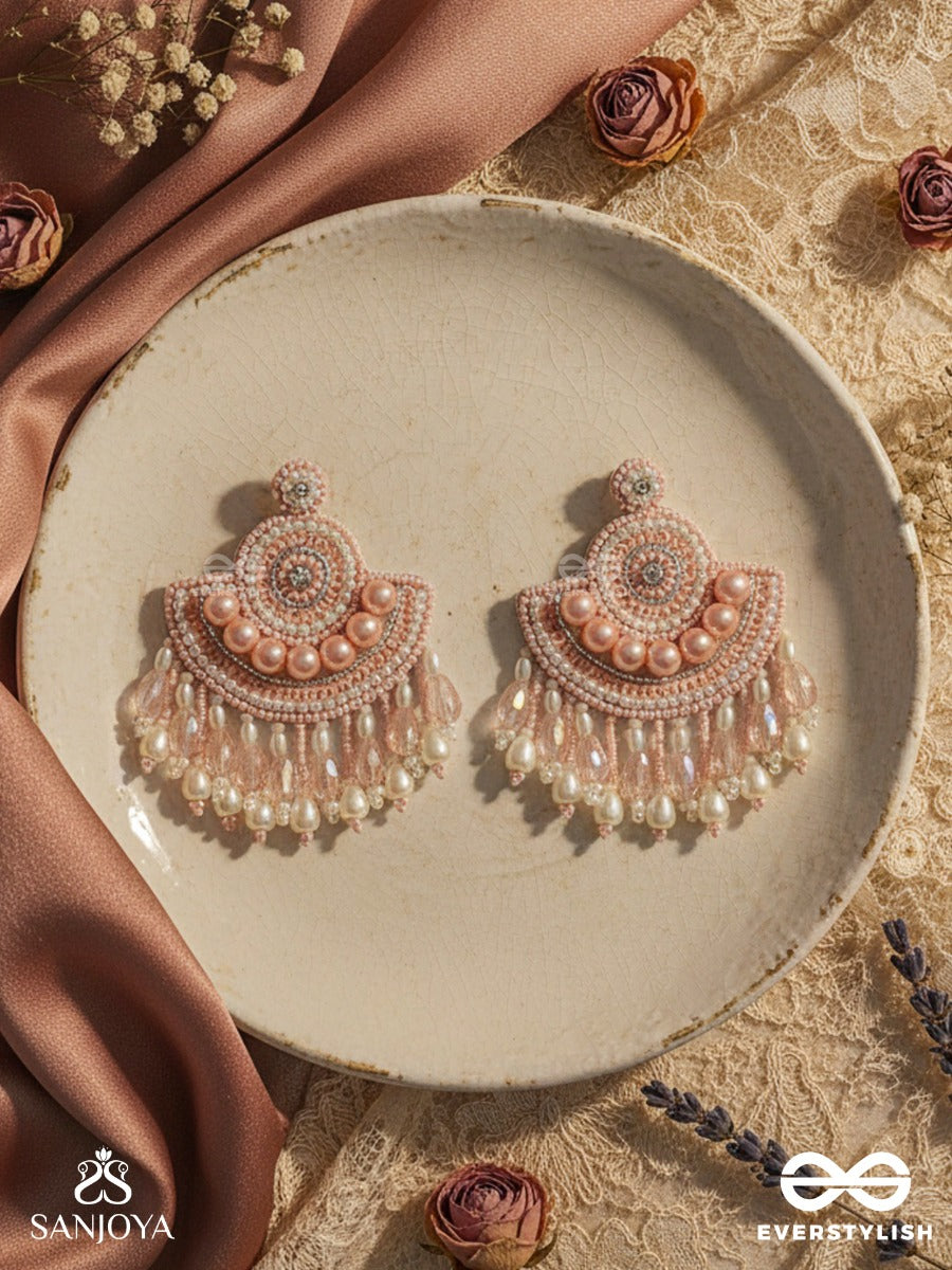 Suramya- The Picturesque Crescent- Sequins, Glass Beads And Stone Embroidered Earrings (Salmon Pink)