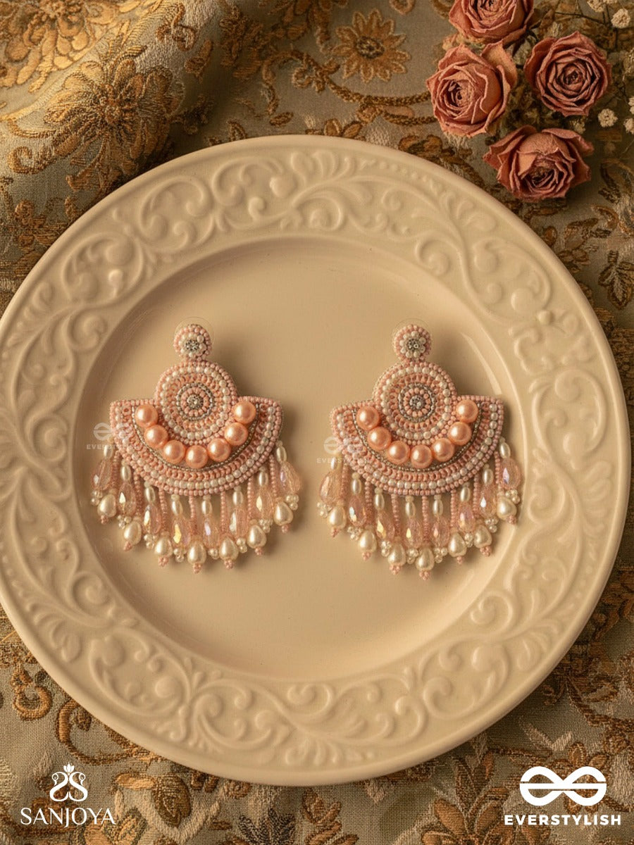 Suramya- The Picturesque Crescent- Sequins, Glass Beads And Stone Embroidered Earrings (Salmon Pink)