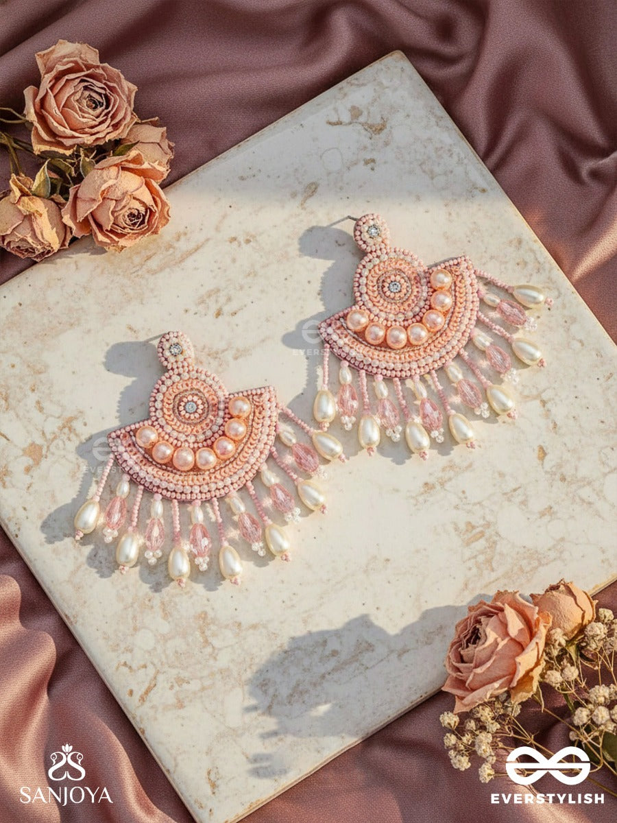 Suramya- The Picturesque Crescent- Sequins, Glass Beads And Stone Embroidered Earrings (Salmon Pink)