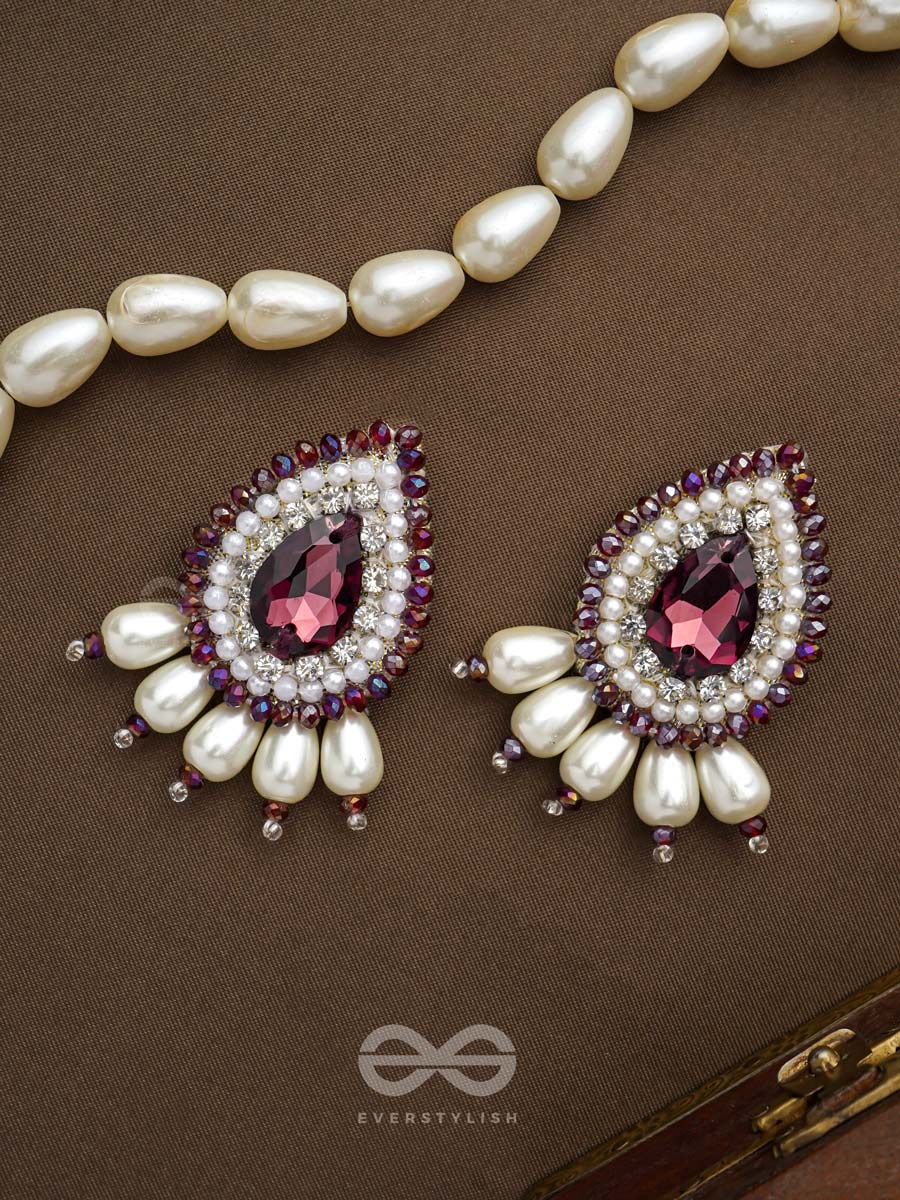 Lavanya- The Graceful One- Stone, Pearls, And Glass Beads Embroidered Earrings (Rosewood Red)