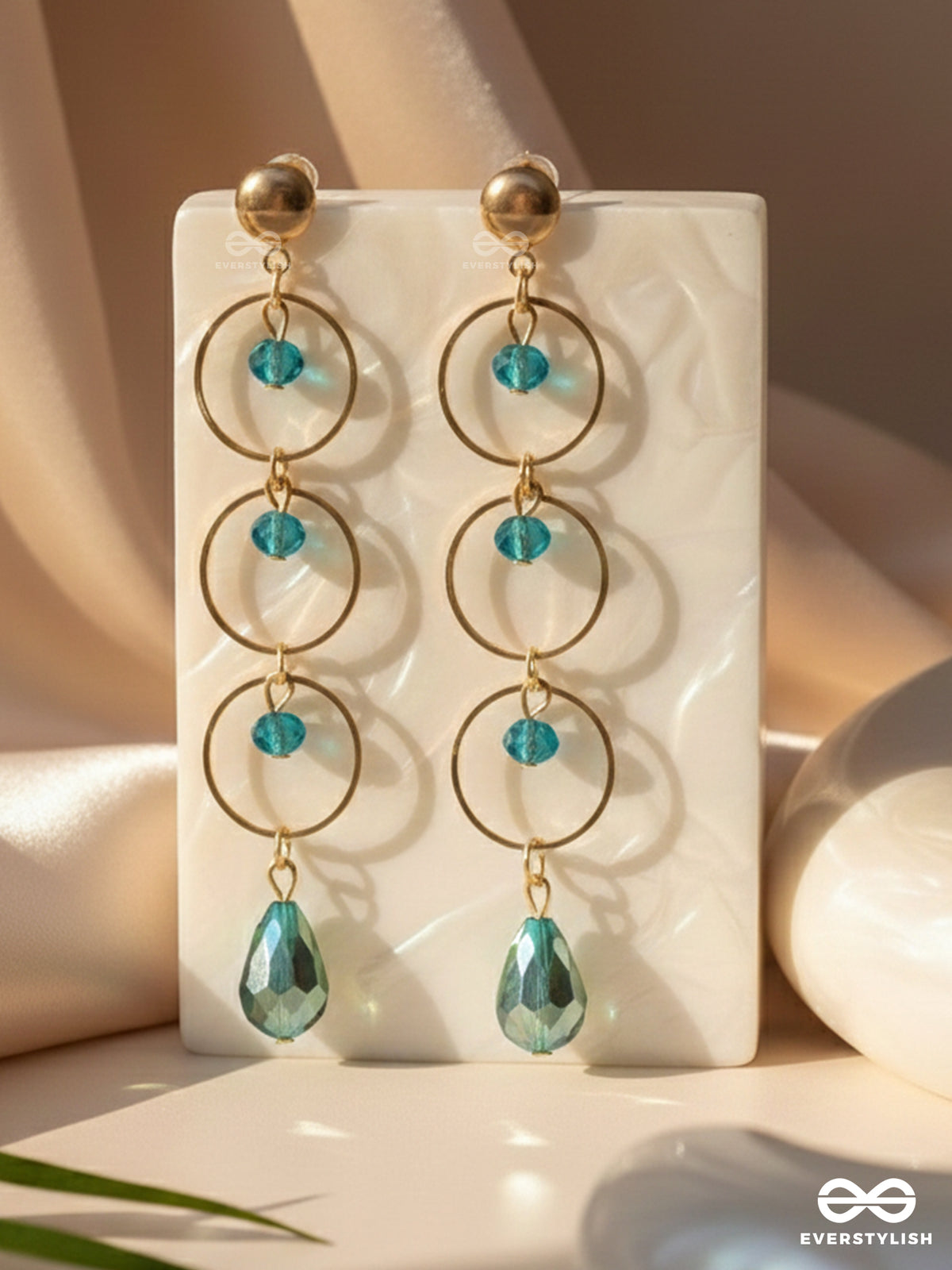 The Misty Grove- Greenish Blue And Golden Crystal Beads Earrings