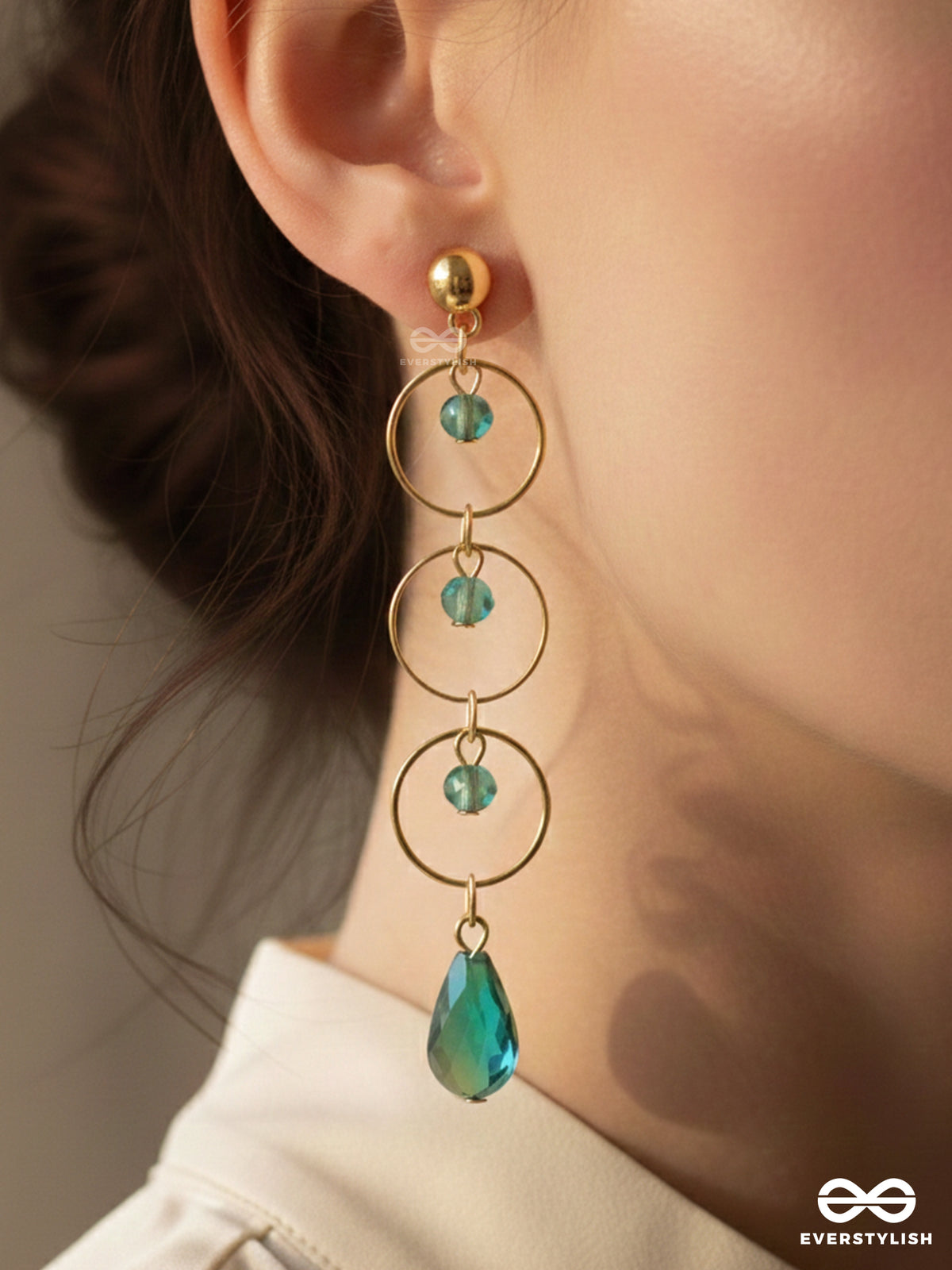 The Misty Grove- Greenish Blue And Golden Crystal Beads Earrings
