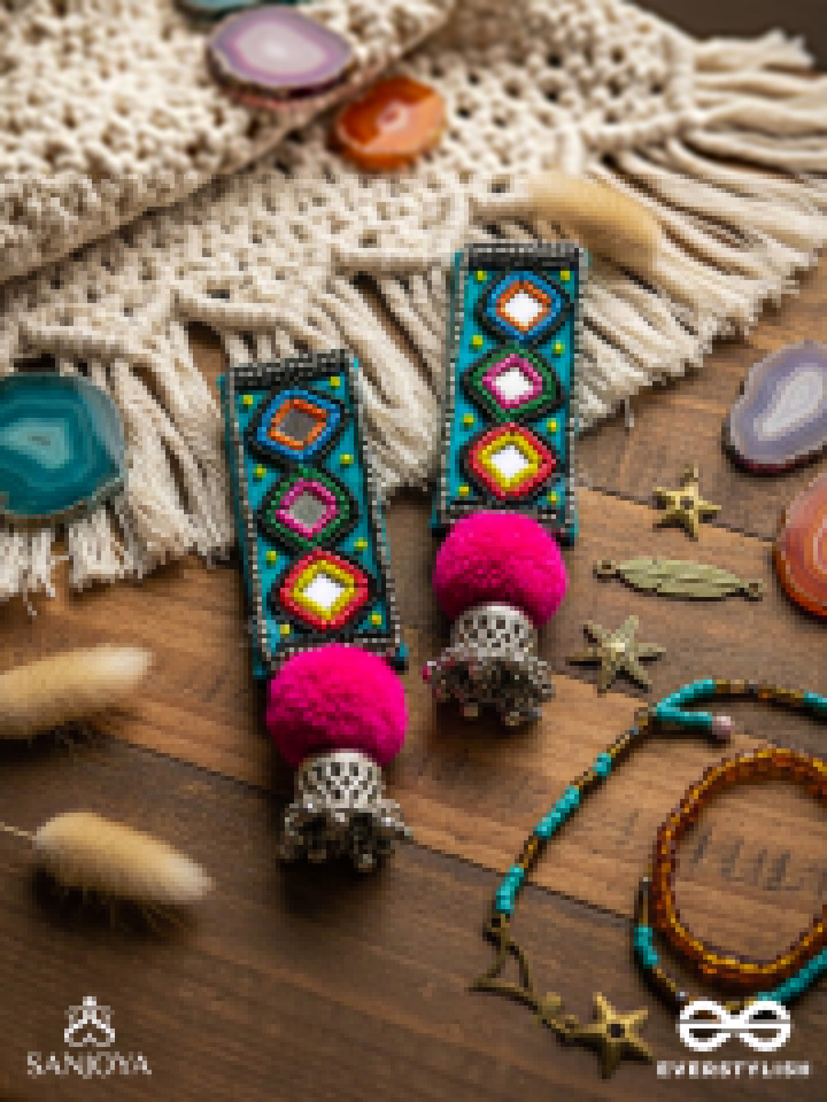 Varnad- The Colorful- Beads And Mirrors Embroidered Earrings (Parakeet Green, Ebony & Fuchsia Pink)
