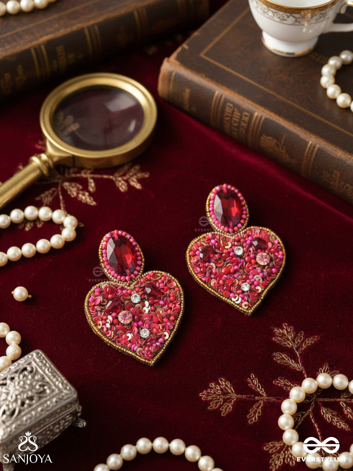 Antashtha- The Heart- Stones, Sequins And Beads Embroidered Earrings (Crimson)