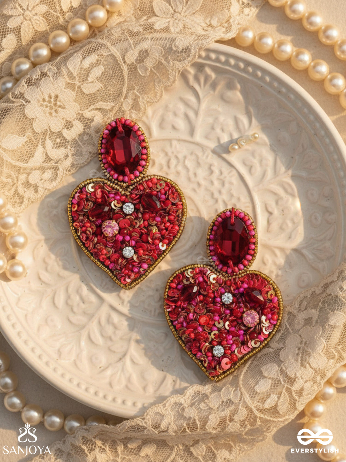 Antashtha- The Heart- Stones, Sequins And Beads Embroidered Earrings (Crimson)