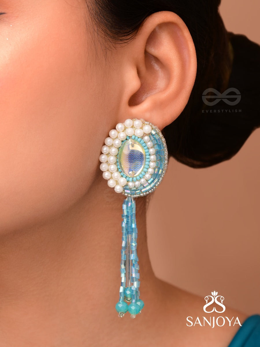 Mandalaka- The Majestic Mirror- Stone, Pearls And Beads Embroidered Earrings (Arctic Blue)
