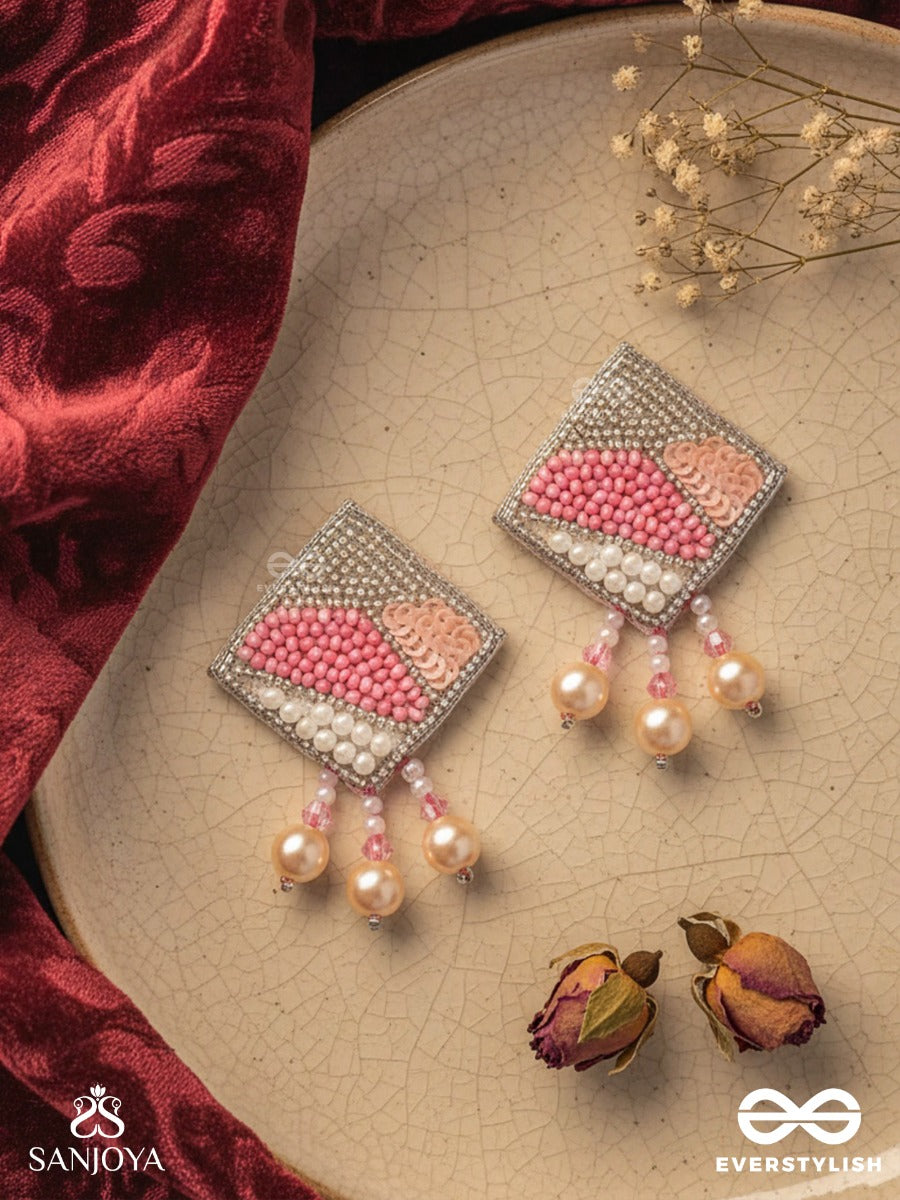 Chaturashra- The Charming Square- Beads And Pearls Embroidered Earrings (Blush & Fuchsia Pink)