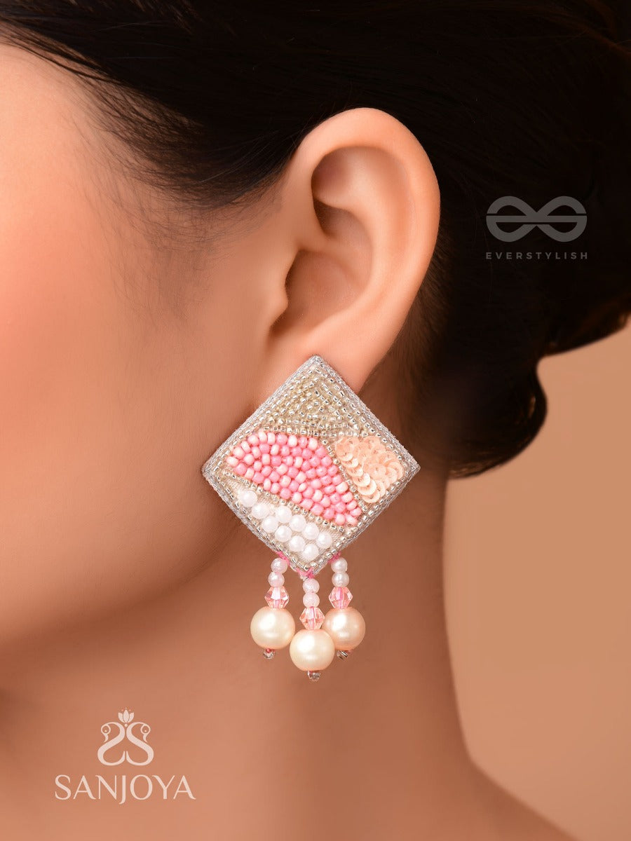 Chaturashra- The Charming Square- Beads And Pearls Embroidered Earrings (Blush & Fuchsia Pink)