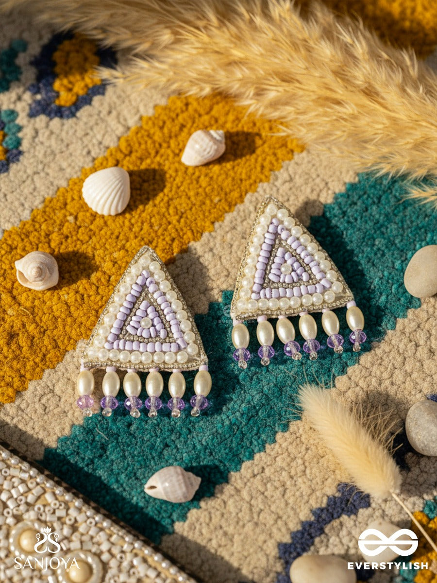 Suchyagra- The Eternal Pyramid- Pearls, Beads And Glass Beads Embroidered Earrings (Orchid Purple)