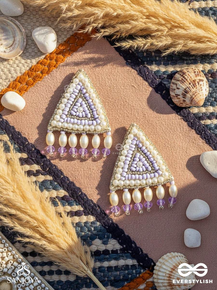 Suchyagra- The Eternal Pyramid- Pearls, Beads And Glass Beads Embroidered Earrings (Orchid Purple)