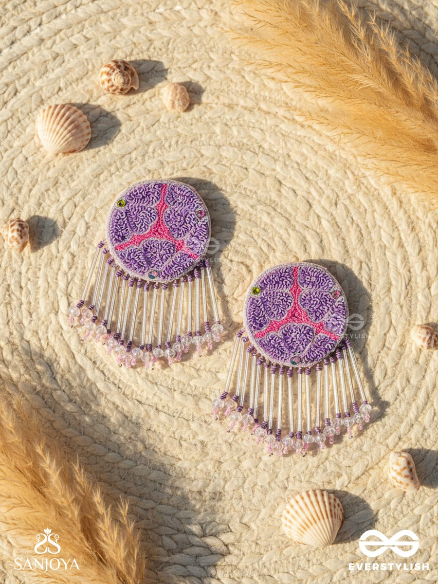 Misraka - The Garden Of Paradise - Sequins, Resham And Beads Hand Embroidered Earrings (Amethyst Purple & Fuchsia Pink)
