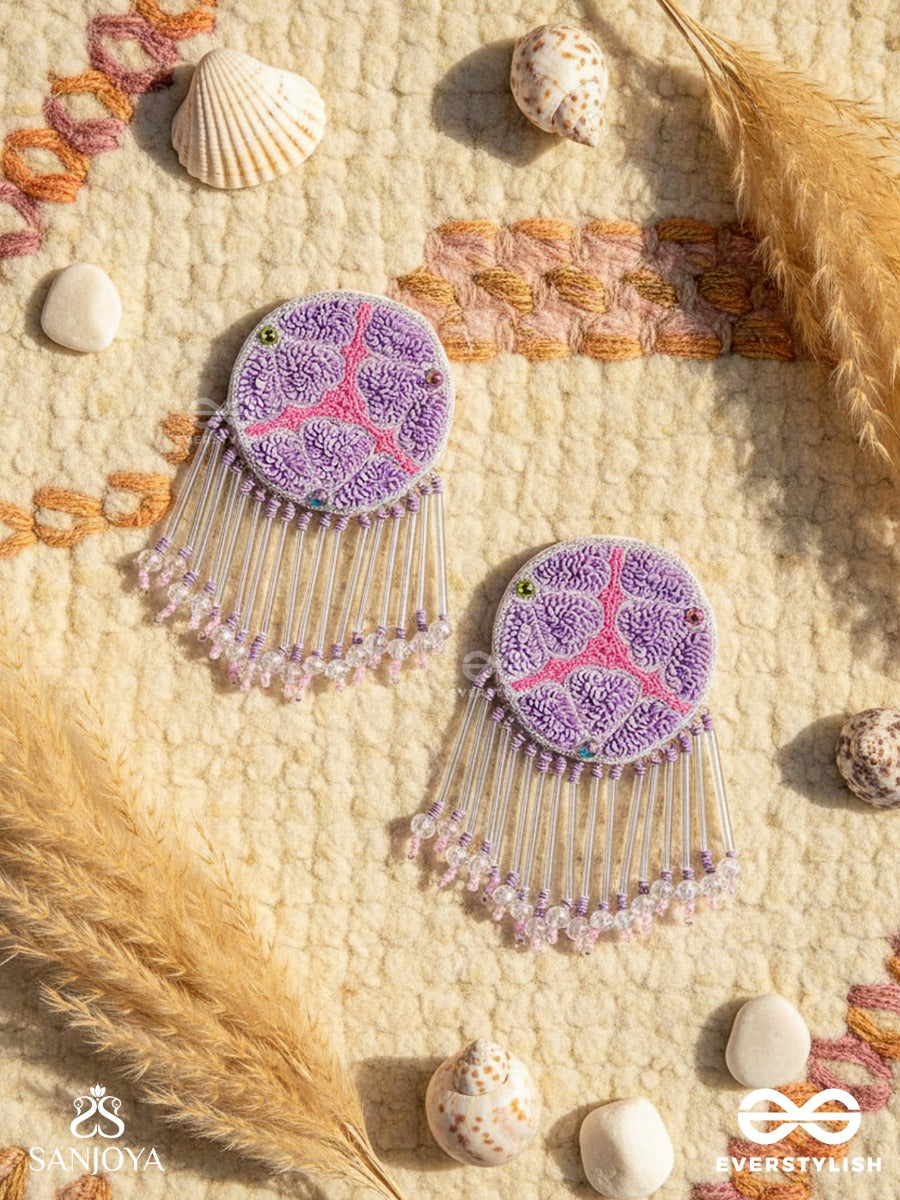 Misraka - The Garden Of Paradise - Sequins, Resham And Beads Hand Embroidered Earrings (Amethyst Purple & Fuchsia Pink)
