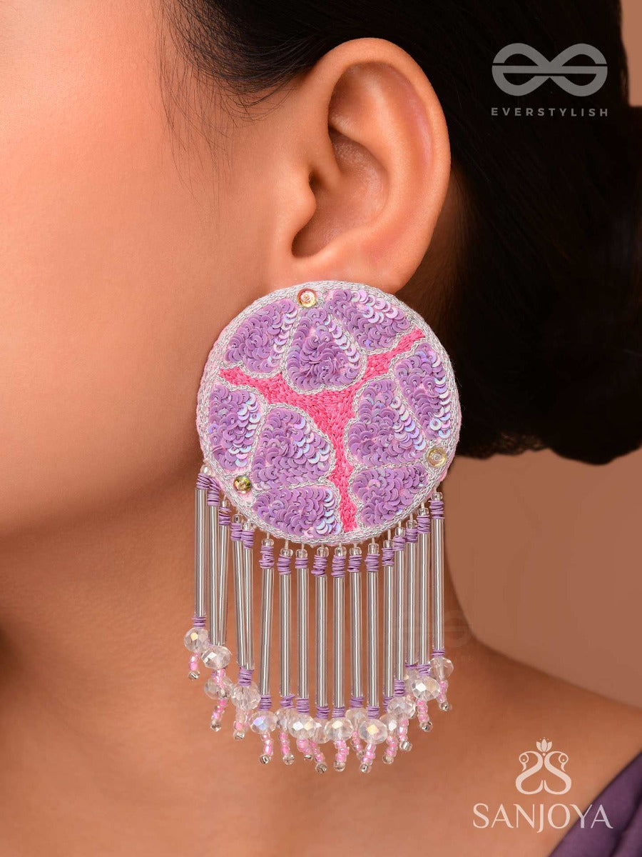 Misraka - The Garden Of Paradise - Sequins, Resham And Beads Hand Embroidered Earrings (Amethyst Purple & Fuchsia Pink)