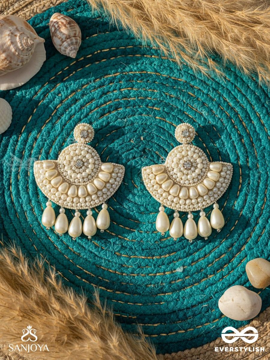 Suramya- The Picturesque Crescent- White Beads And Stone Embroidered Earrings