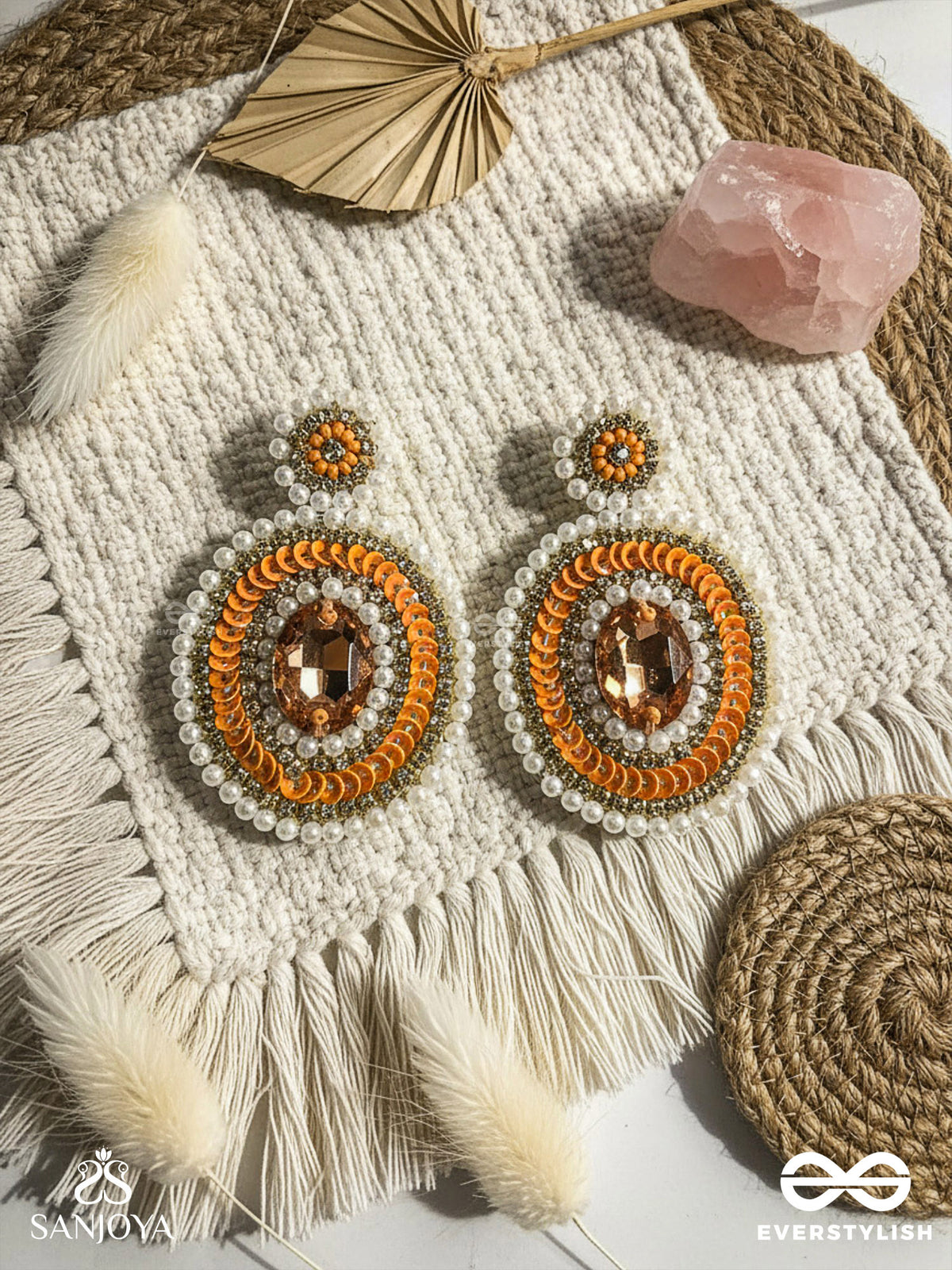 Vitanka - The Beautiful Ovals - Sequins, Stones And Beads Hand Embroidered Earrings (Carrot Orange)