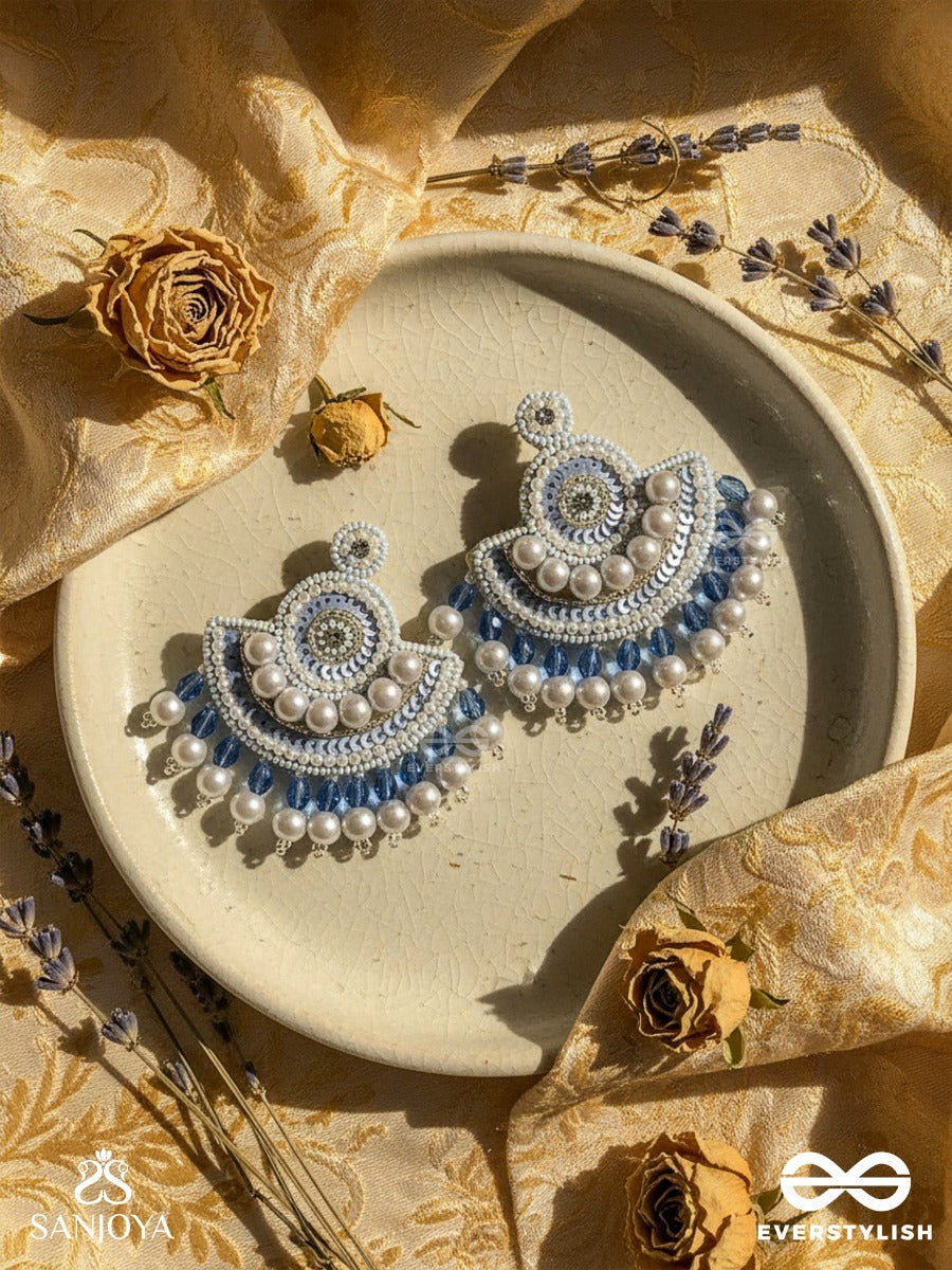 Suramya- The Picturesque Crescent- Sequins, Glass Beads And Stone Embroidered Earrings (Cobalt Blue)