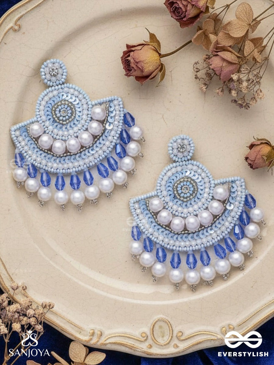 Suramya- The Picturesque Crescent- Sequins, Glass Beads And Stone Embroidered Earrings (Cobalt Blue)