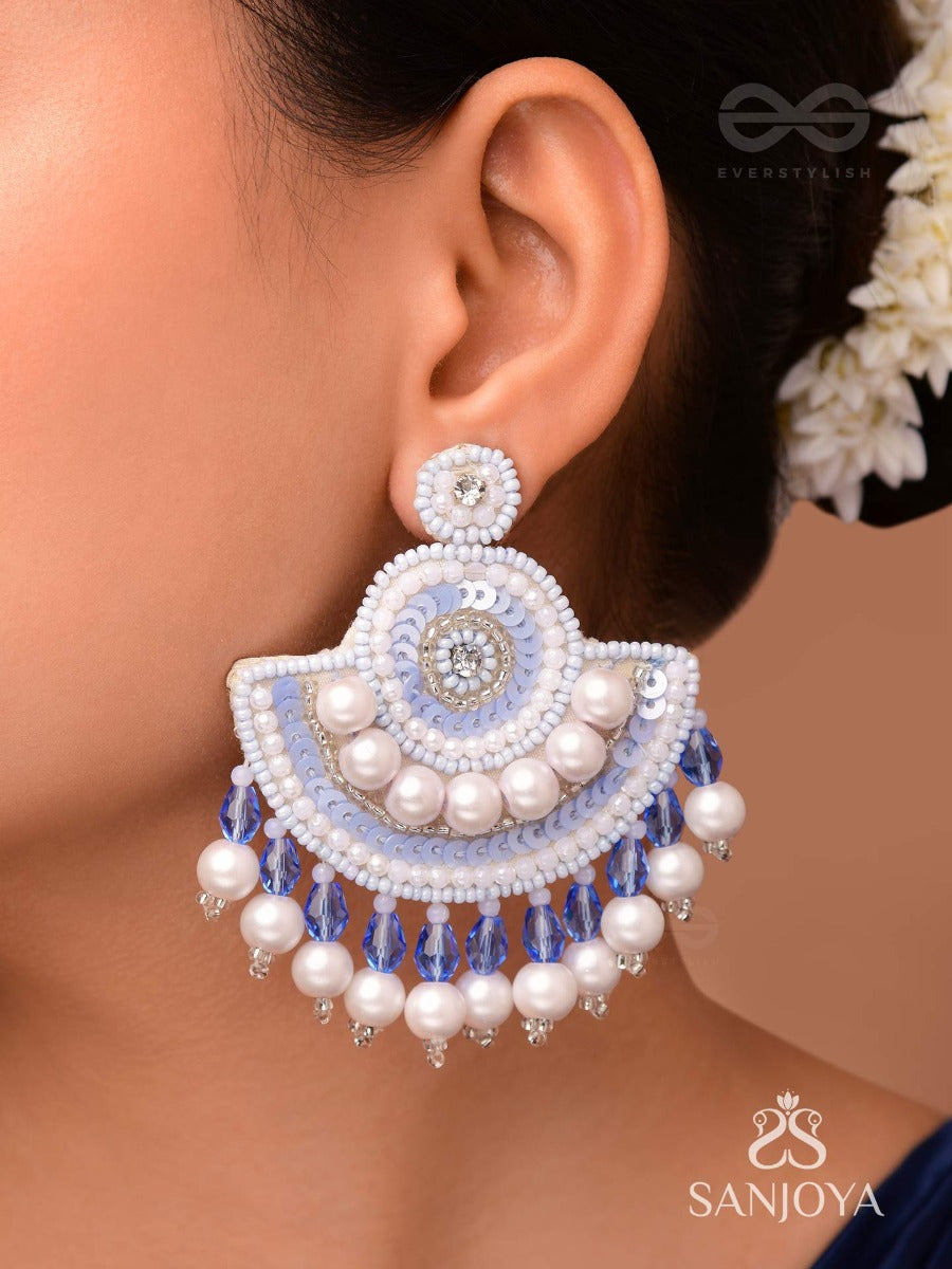 Suramya- The Picturesque Crescent- Sequins, Glass Beads And Stone Embroidered Earrings (Cobalt Blue)