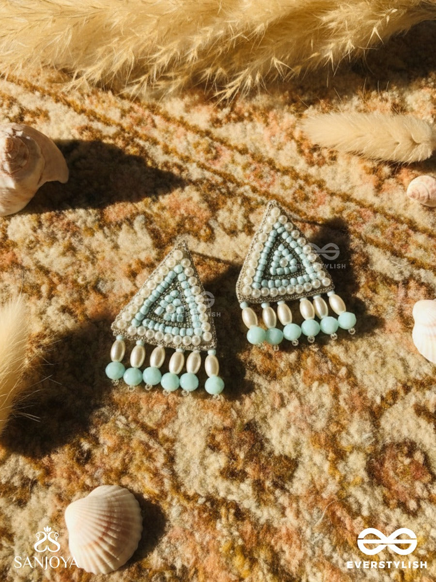 Suchyagra- The Eternal Pyramid- Pearls, Beads And Glass Beads Embroidered Earrings (Sky Blue)