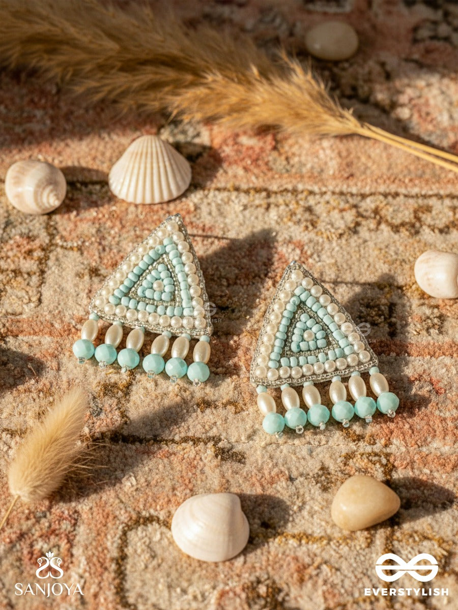 Suchyagra- The Eternal Pyramid- Pearls, Beads And Glass Beads Embroidered Earrings (Sky Blue)