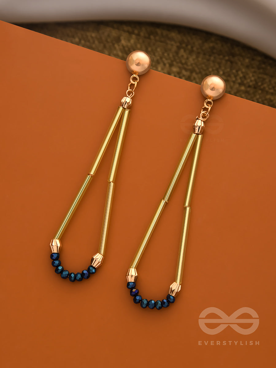 The Flaming Raindrop- Golden And Cobalt Blue Earrings