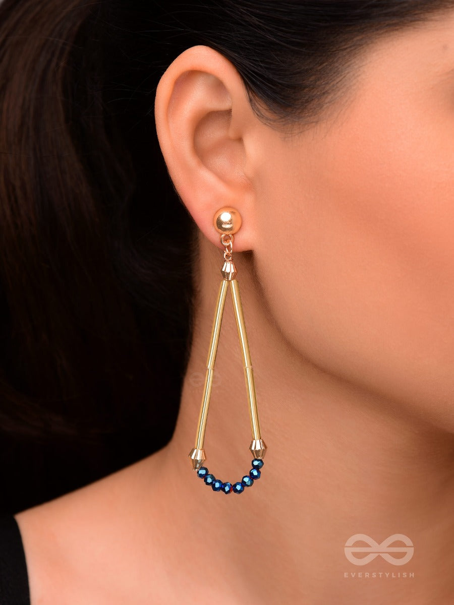 The Flaming Raindrop- Golden And Cobalt Blue Earrings