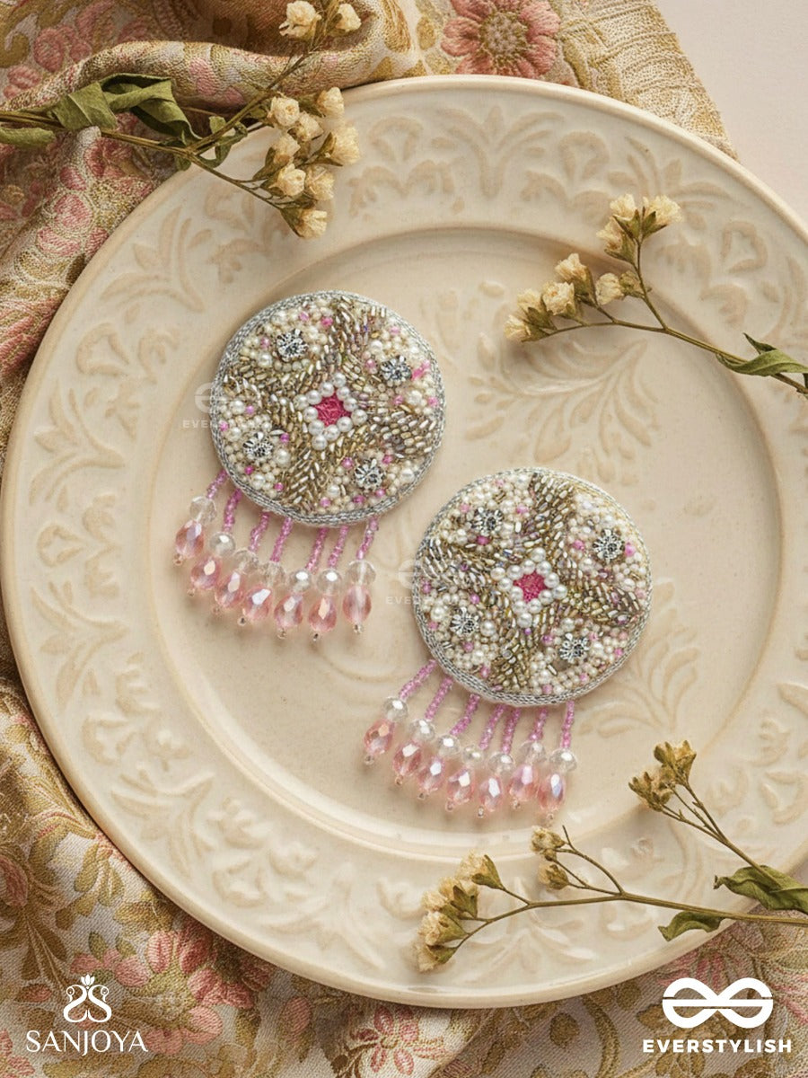 Tarani- The Pink Allure- Pearl, Resham And Stones Embroidered Earrings