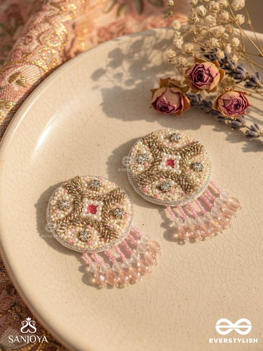 Tarani- The Pink Allure- Pearl, Resham And Stones Embroidered Earrings