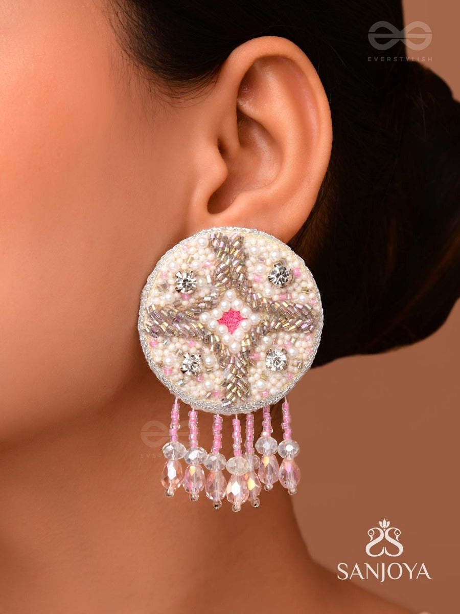 Tarani- The Pink Allure- Pearl, Resham And Stones Embroidered Earrings