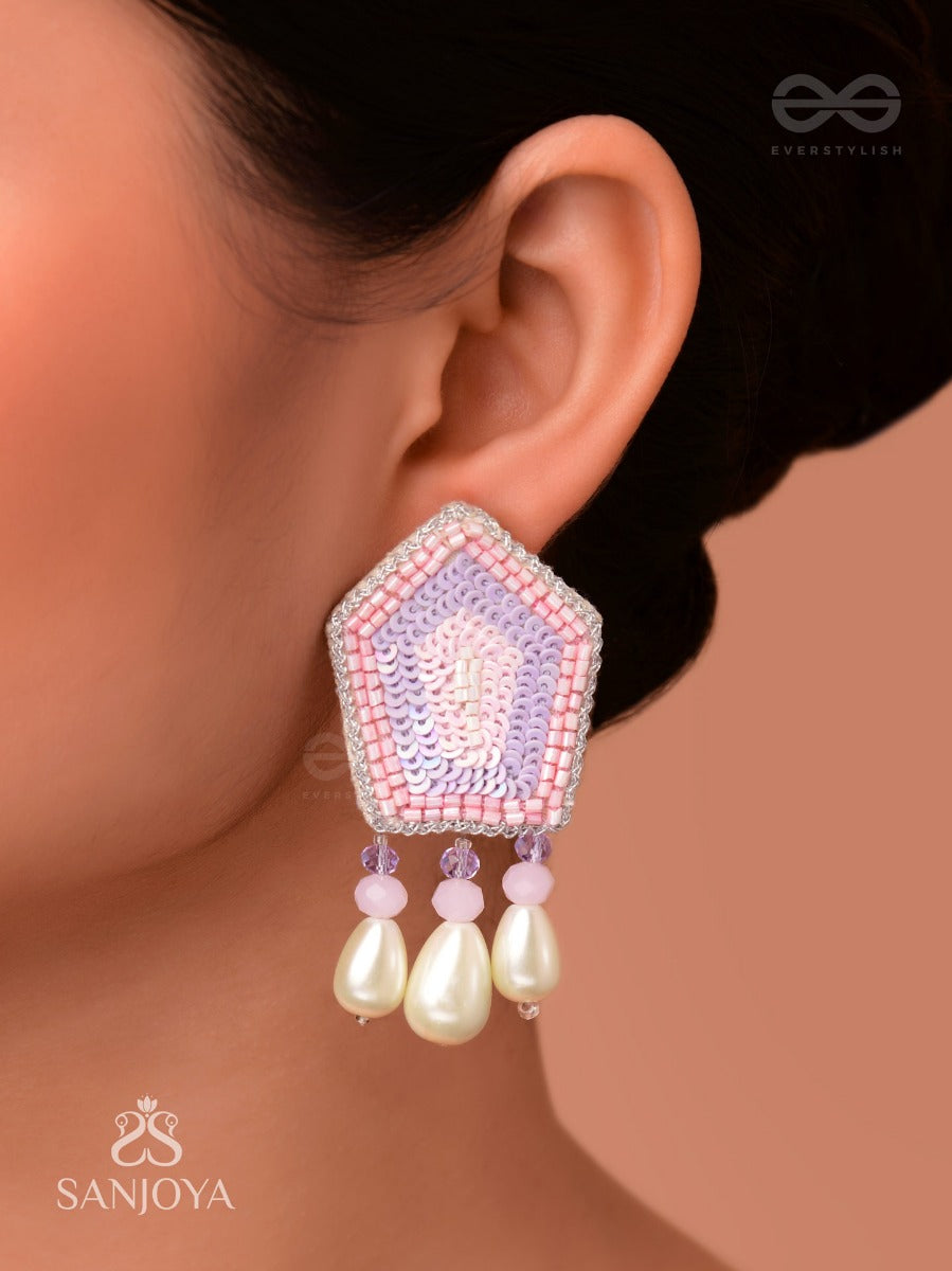 Abhedya- The Radiant Diamond- Sequins, Pearls And Glass Beads Embroidered Earrings (Rose Pink)